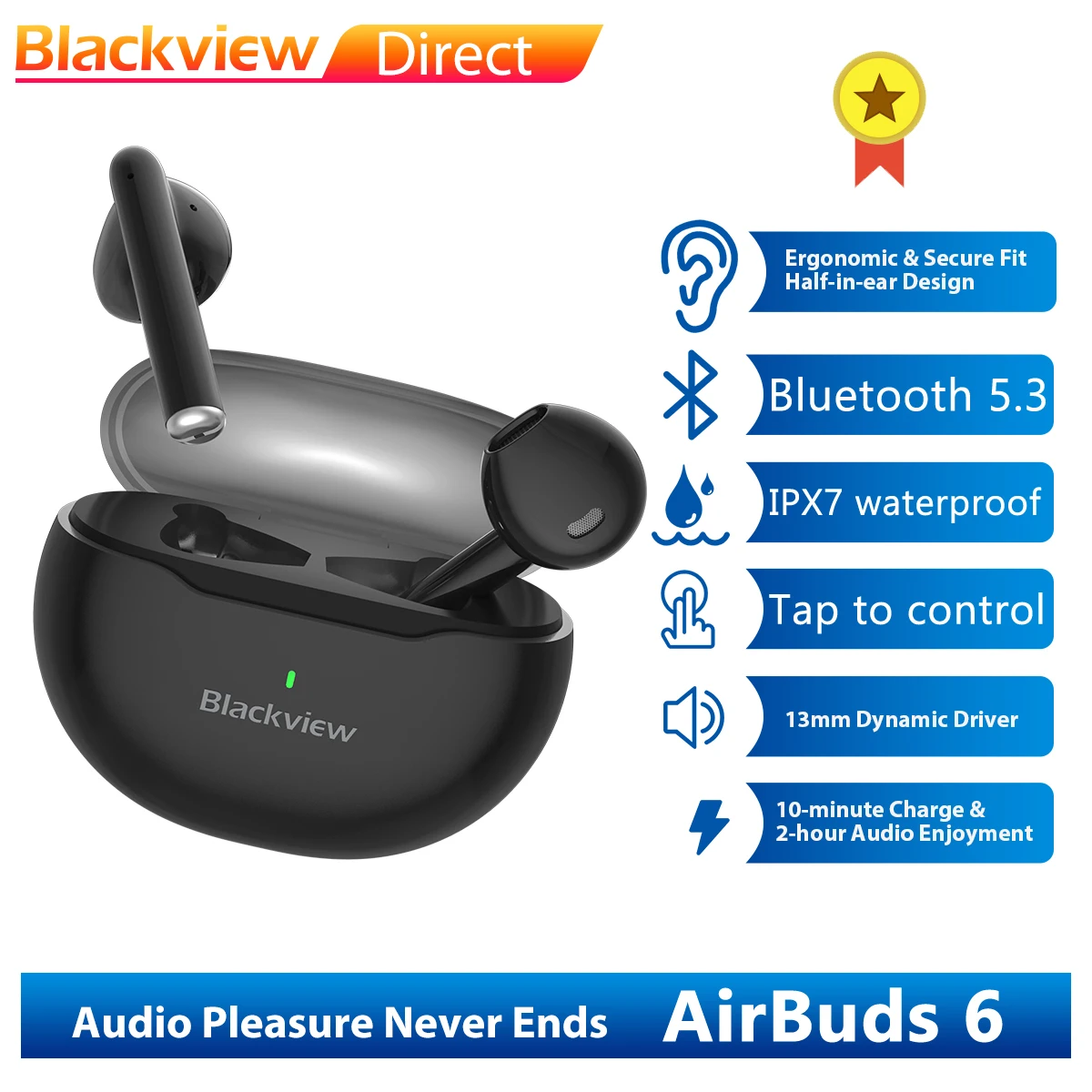 Blackview AirBuds 6 Bluetooth 5.3 Портативные наушники Ture Wireless с микрофоном наушники в ухе с сенсорным управлением.