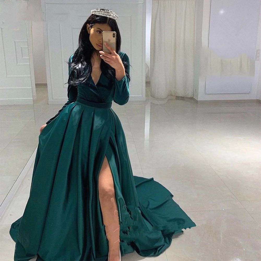 

Moroccan Kaftan Velvet Evening Dresses Sweetheart Appliques Long Sleeve Dubai Arabic Prom Dress Party Gown Robe De Soire