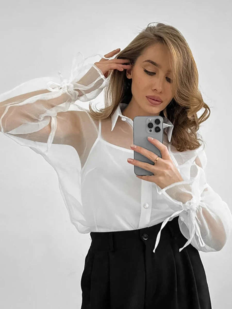 Bornladies однотонная сетчатая сексуальная рубашка с лацканами стильная женская