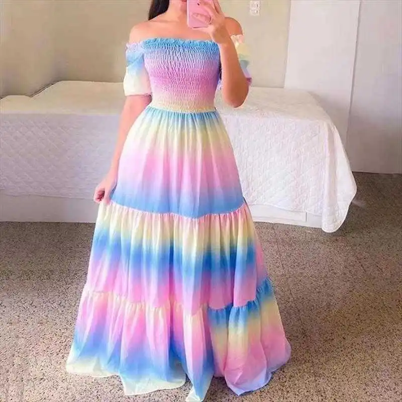 

Summer Womens Clothes Elegant Dress Off Shoulder Fashionable Printed Pleated Long For Women