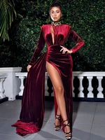 sexy hollow out long sleeve bodycon velvet pleated slit maxi dress for women 2022 summer elegant party dresses formal vestido