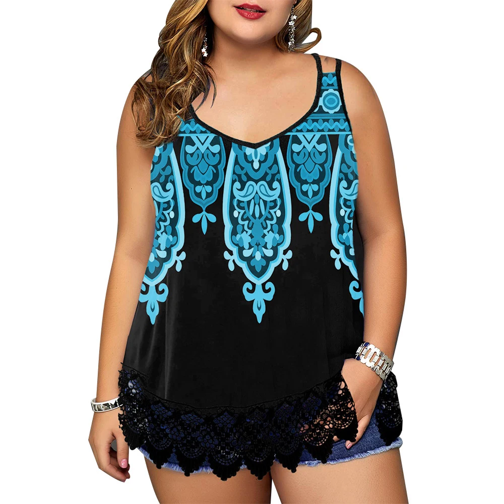 

Summer Sling V-Neck Floral Plus Size Tank Top Lady Y2K Large Size Harajuku Colorful 5XL Sleeveless Camis Boho Beachwear Clothes