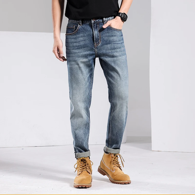 New Men's Light Weight Straight Jeans Business Casual Stretch Denim Pants Male Mid-waist Trousers High Quality Fashion Street