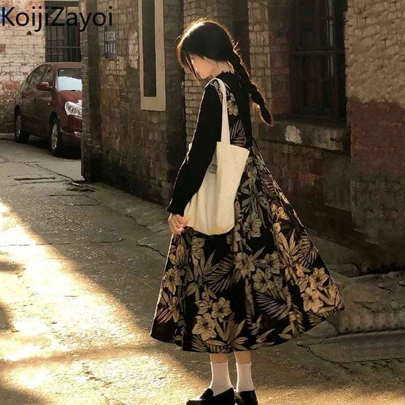

Женский комплект из 2 предметов в стиле ретро Koijizayoi, макси-платье с цветочным рисунком, черный пуловер без рукавов, весна-осень, яркий комплект из 2 предметов