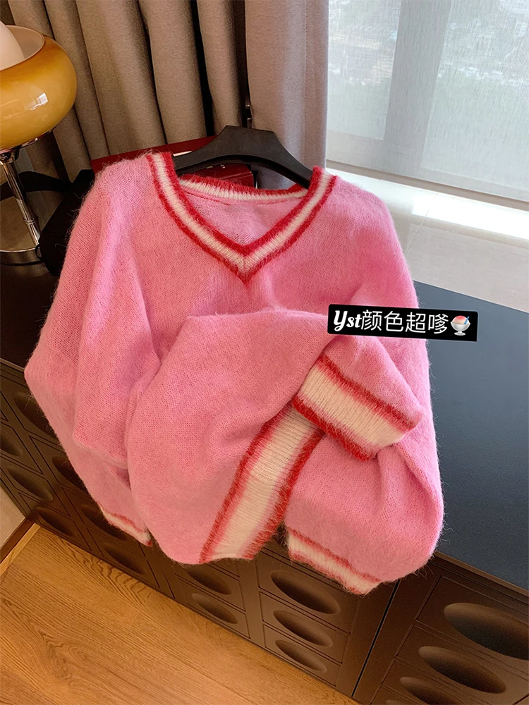 Розовый свитер пуловер для офиса осень-зима серый простой эластичный плюшевый