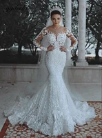 new design illusion long sleeves mermaid women wedding dresses sparkly pearls beading lace appliques sheer neck bridal gown 2022