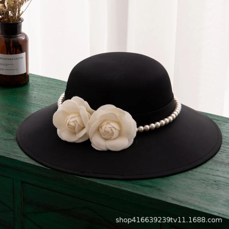 

British French elegant black camellia pearl Hepburn hat photo retro big brim hat