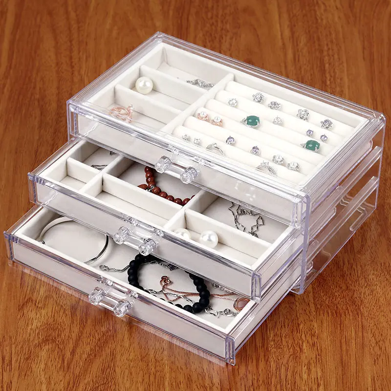 Acrylic Three-layer Jewelry Box Drawer Pearl Treasure Box Bracelet Long Chain Necklace Earrings Storage Display Packaging Box