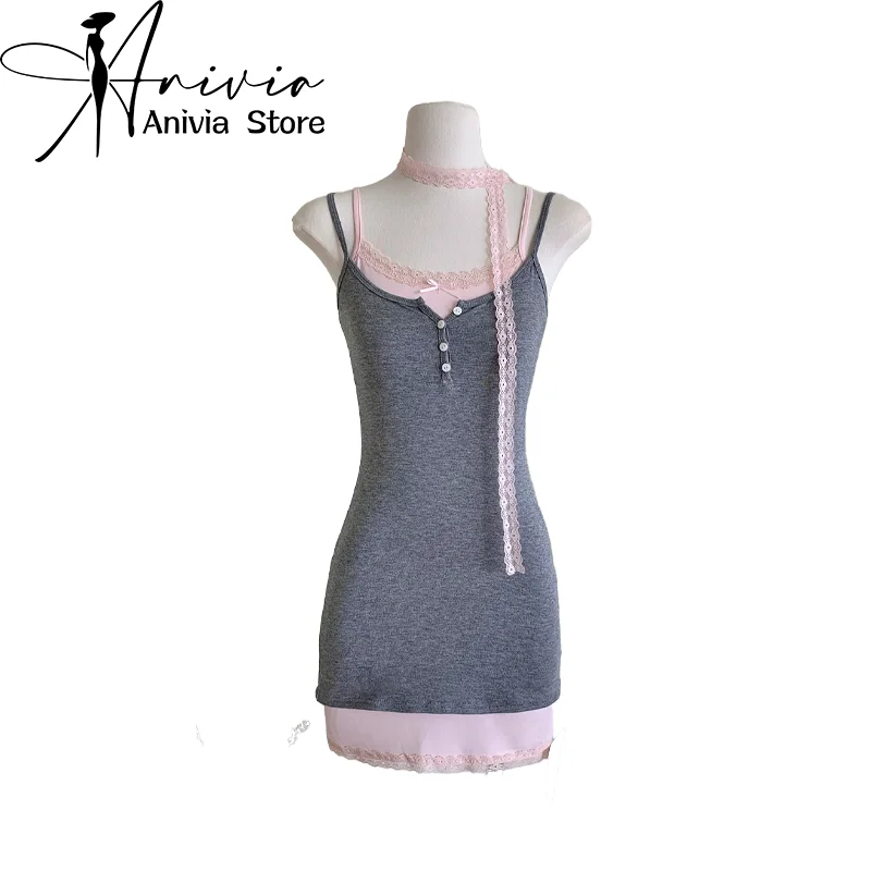 Женский серый комплект из двух предметов Y2k кружевное платье А-силуэта