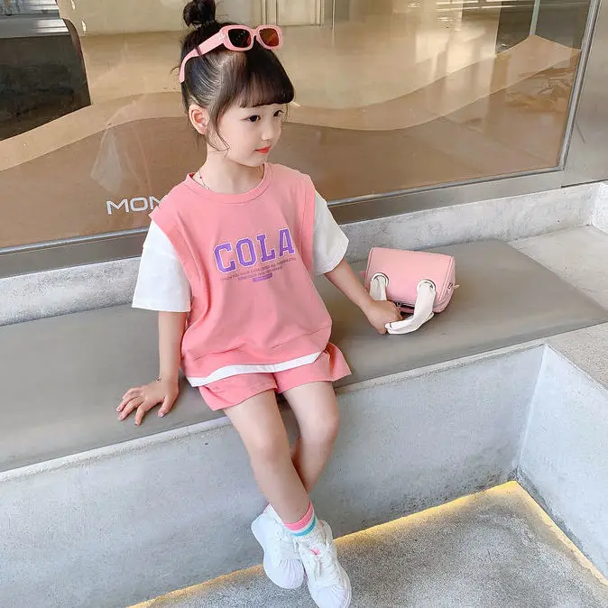 Cotton girls' short sleeved suit summer new imitation two-piece set western style medium and large children's two-piece set