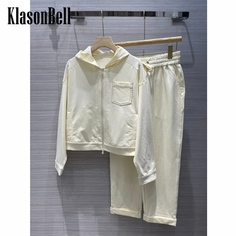 

9.9 KlasonBell Women Cotton Zipper Long Sleeve Hooded Sweatshirt + Elastic Waist Straight Pants Casual Tracksuit Set