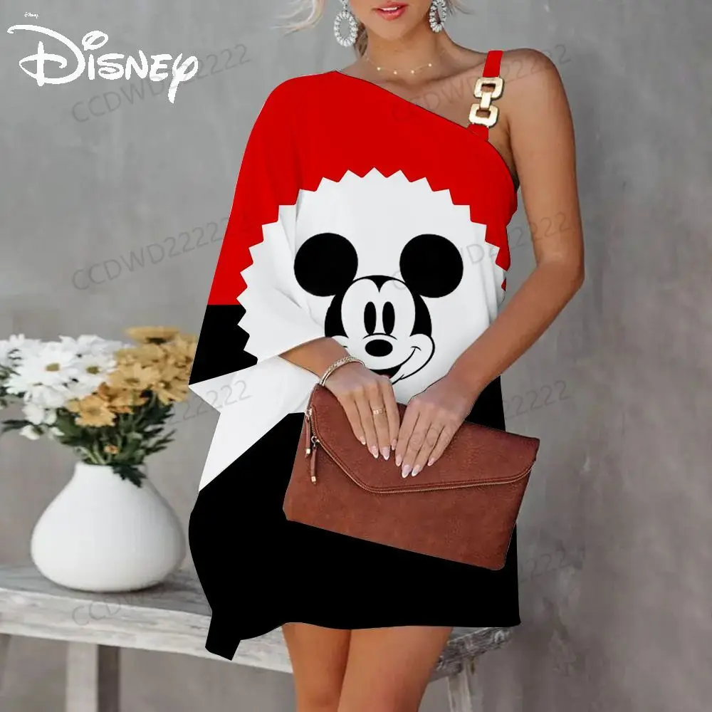 Mickey Elegant Dresses for Women Disney Diagonal Collar Mini Dress Minnie Mouse One-Shoulder Evening Party Luxury Prom 2023 Sexy
