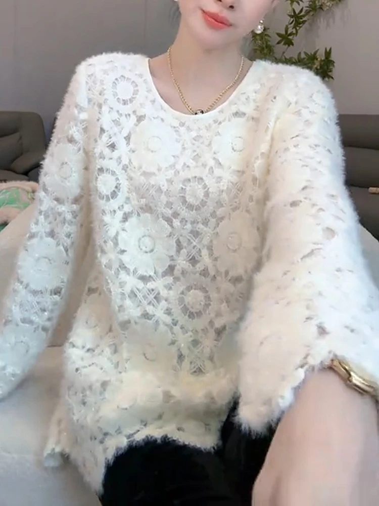 Европейские товары тяжелые 2024 зимняя новая мода вязаный крючком белый пуловер