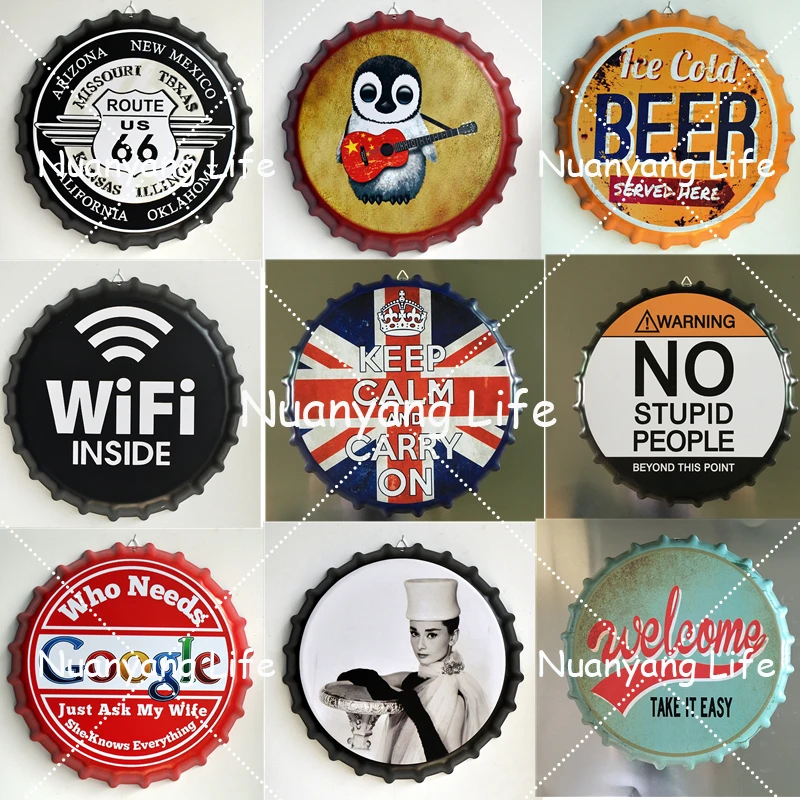 

35CM Beer Bottle Cap Retro Plaque Metal Tin Signs Cafe Bar Pub Signboard Wall Decor Vintage Nostalgia Round Plates Art Poster