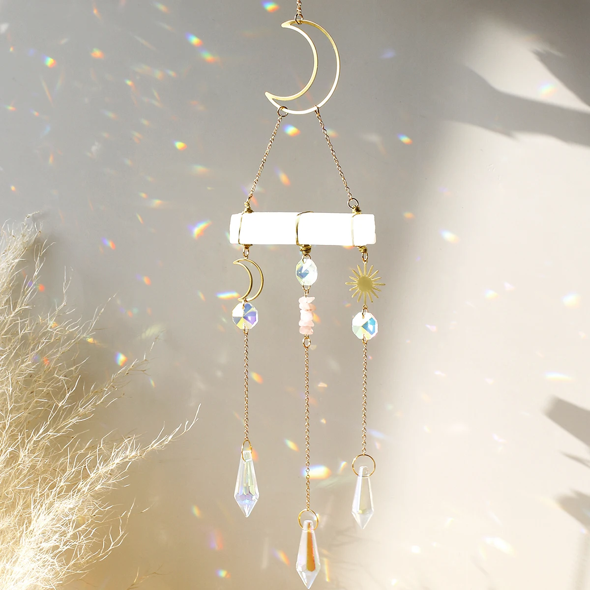 Crystal Chimes Moon Rainbow Prisms for Hanging Window Crystal Sun Catchers Garden Ornaments Selenite Healing Suncatcher Gifts