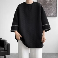 summer 2022 men tops simple pure color casual wear resistant loose round neck three quarter sleeves t shirt men clothes