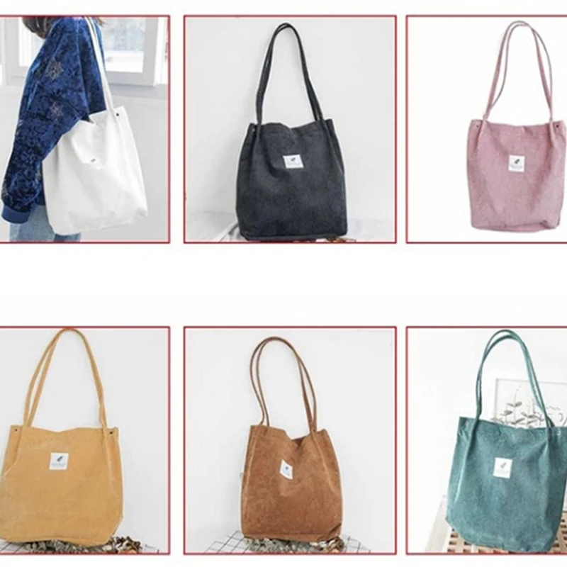 

Women Corduroy Shopping Bag Female Canvas Cloth Shoulder Bag Environmental Storage Handbag Reusable Foldable Eco Grocery Totes
