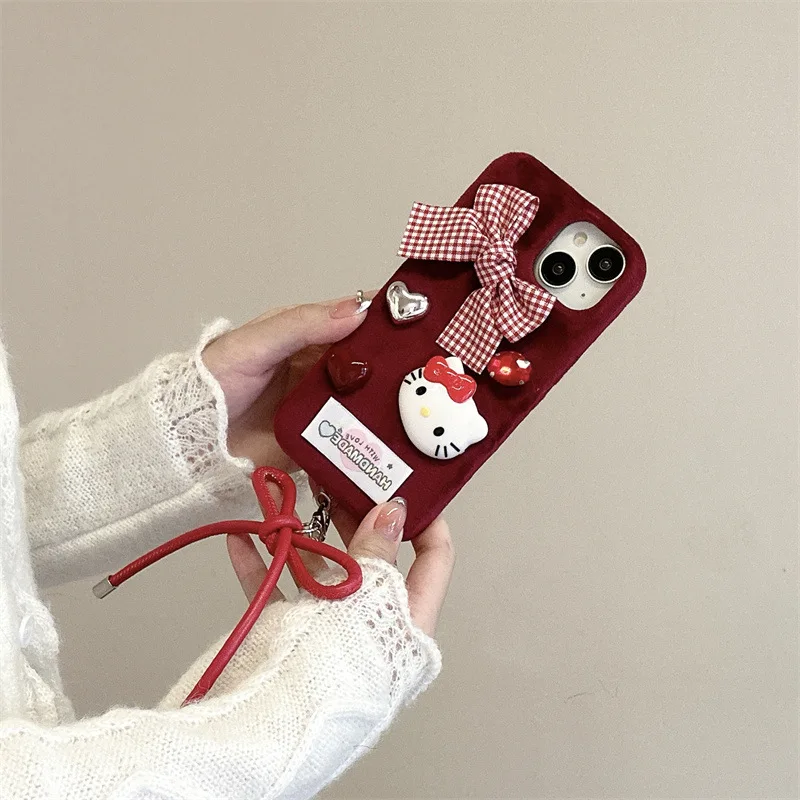 Cute Hello Kitty Plush Bow embroidery Kawaii Phone Case For Iphone 16 15 14 13 Promax Y2k Sweet Girl Protective Cover