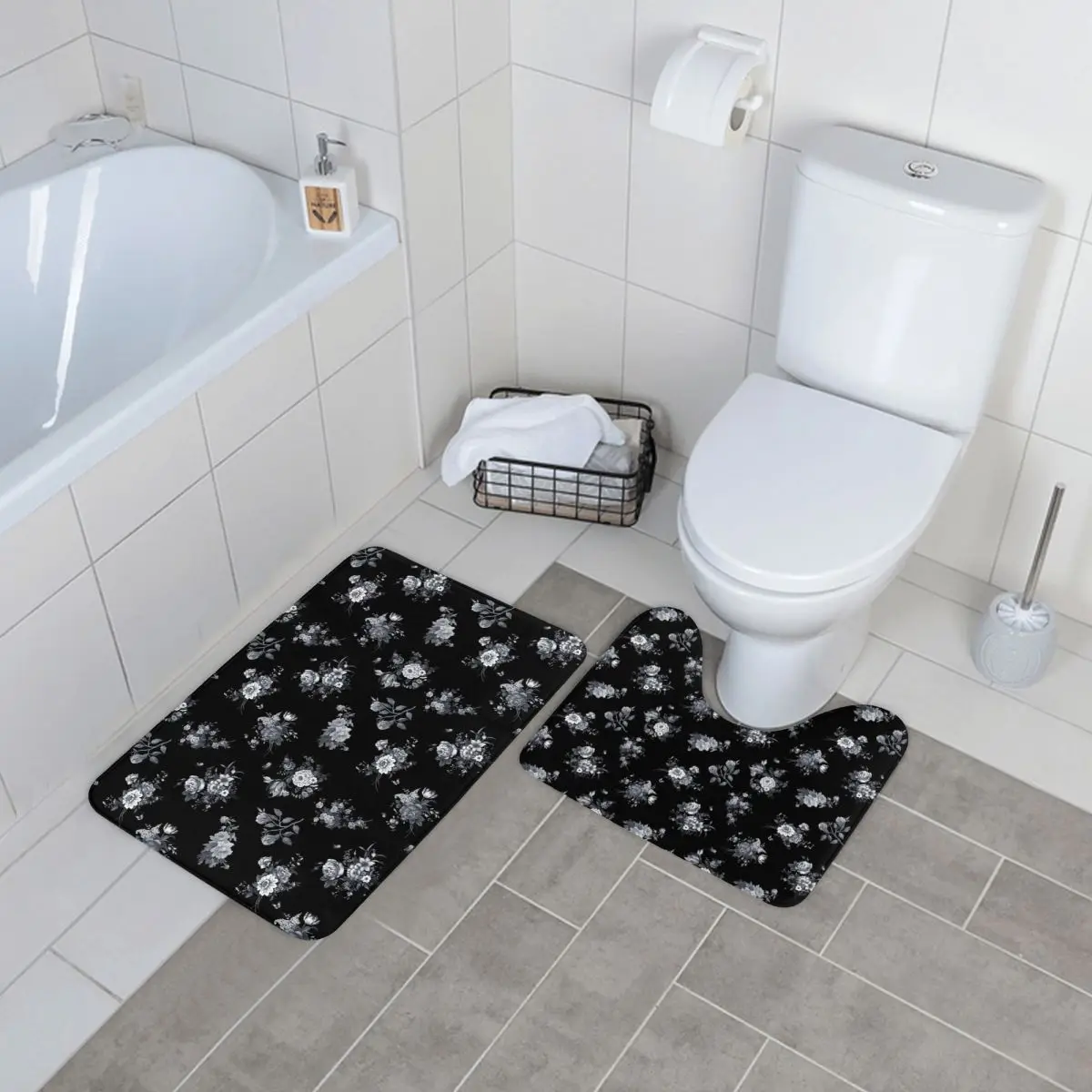

Retro White Flower Bath Mat Pretty Floral Print 2 Pieces Absorbent Door Bathroom Mat Set Modern Polyester Bathroom Rug