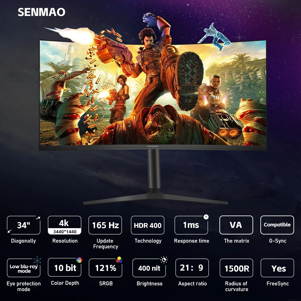 SENMAO 34 Inch liftable Pc Gamer Monitor 165Hz 4K MVA Lcd Display HD Desktop Gaming Computer Screen HDMI 1500R Curved