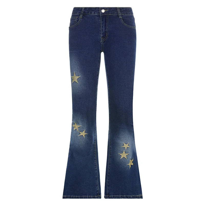 EH·MD® Autumn And Winter Five Pointed Star Embroidered Jeans Women's Casual Slim Cotton Stretch Blue Speckled Fare Pants Tight23