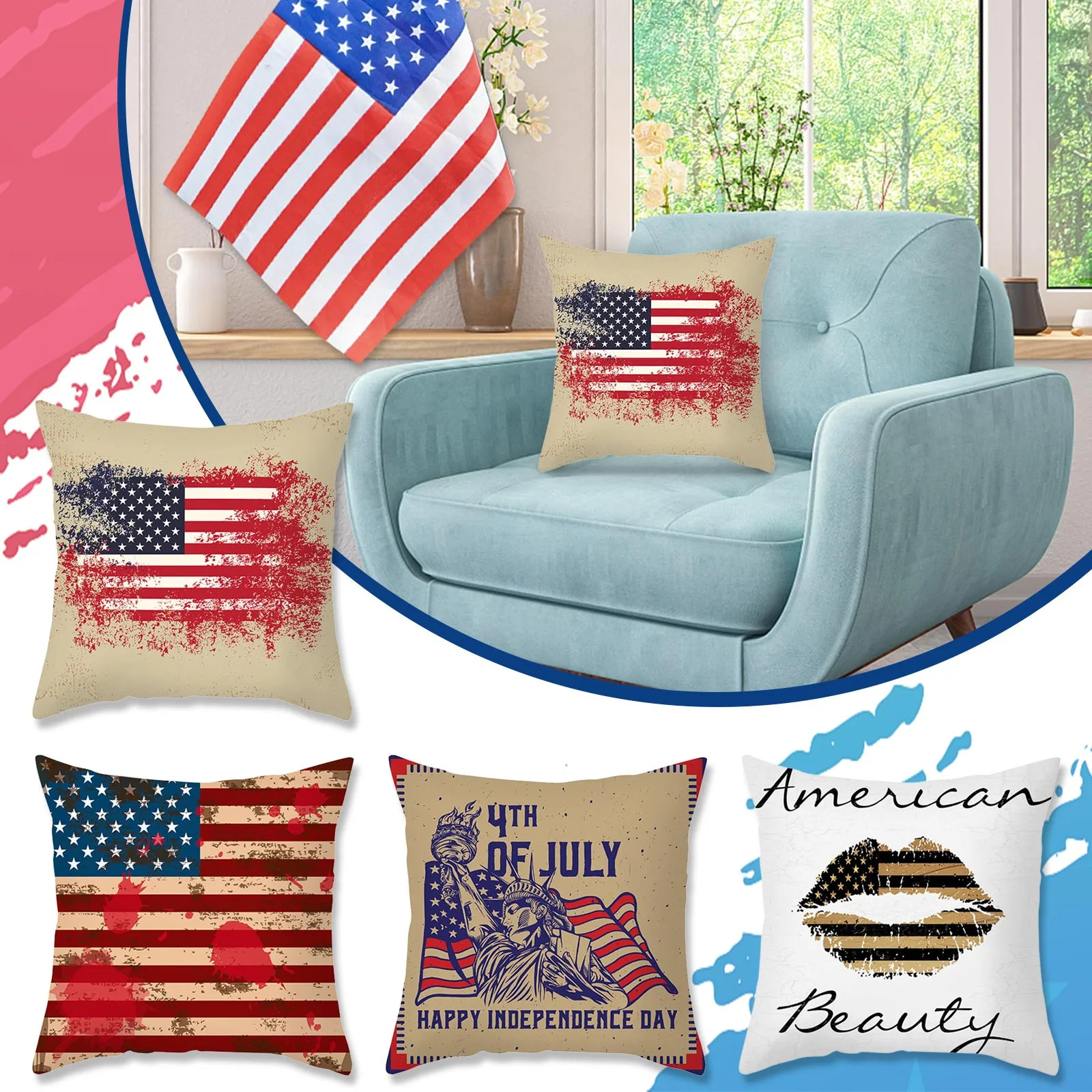 

Independence Day Peach Skin Pillowcase Cushion Print Pillowcase Hug Sofa Pillowcase Pillowcase Stripped Pillow Case Cover
