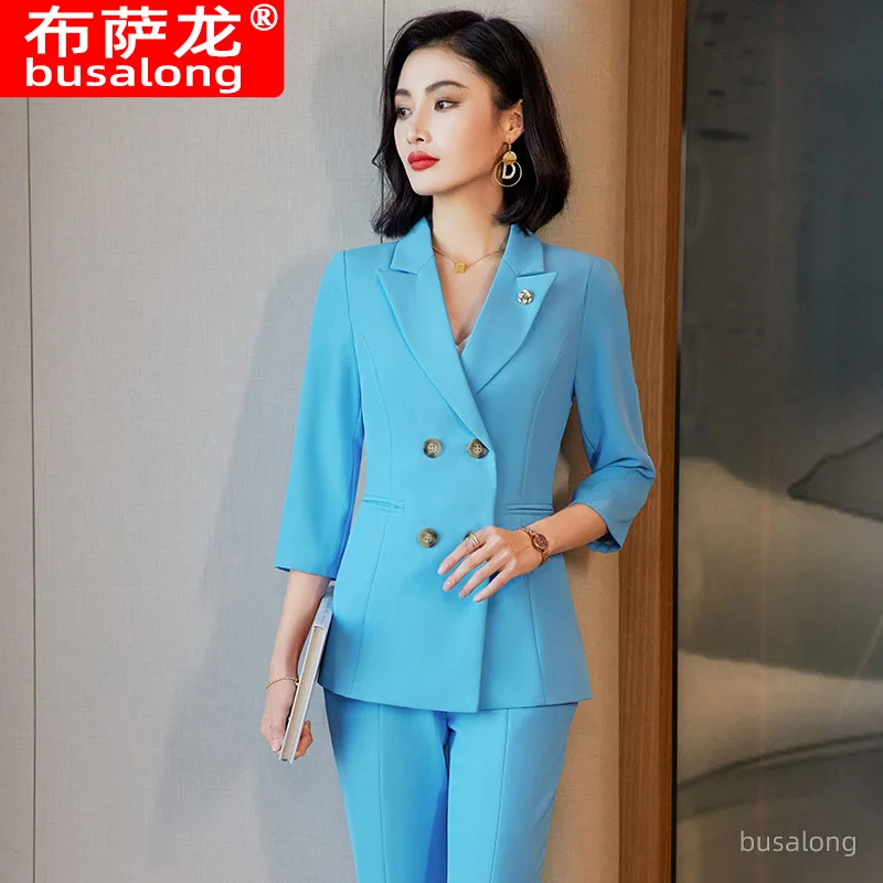 

Women's Three-Quarter Sleeve Blue Suit Jacket Spring Summer Slim-Fit Slimming Temperament Goddess Style Formal Wear Business Wea