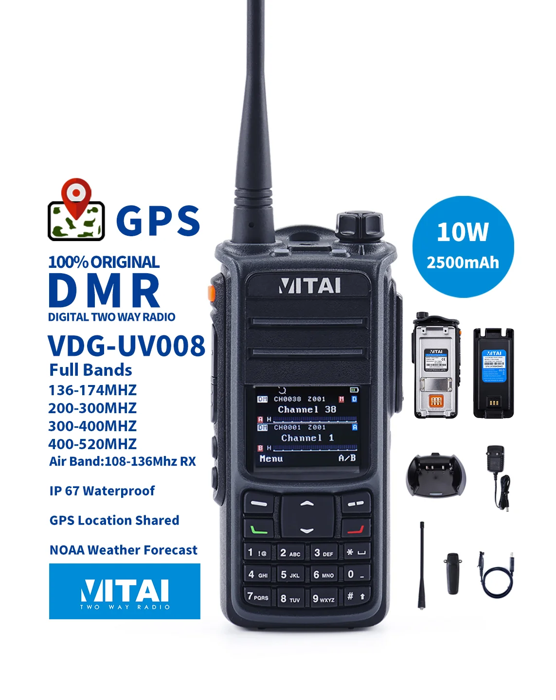 VITAI VDG-UV008 Двухдиапазонная цифровая рация DMR с шифрованием AES256 мощностью 10 Вт Водонепроницаемая рация IP67 GPS