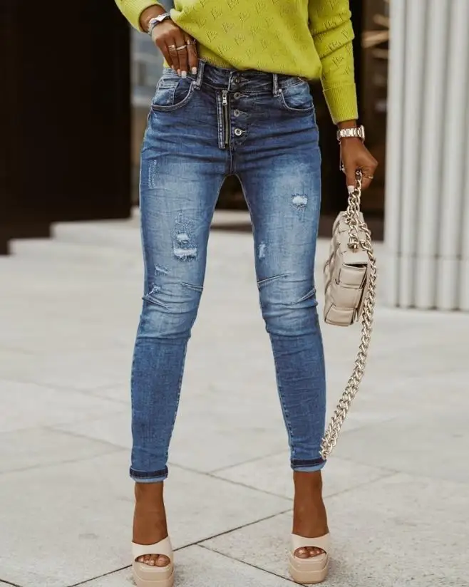 

Модные синие джинсы-стрейч 2023, модные рваные джинсы на пуговицах с молнией, повседневные узкие Простые Длинные джинсы, винтажная уличная од...