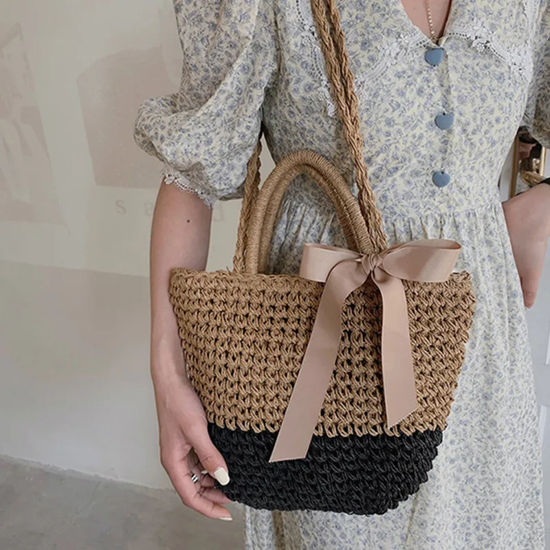 

New Straw Paper Crossbody Bag for Women Stylish Silk Scarf Messenger Bag Brand Design Handbags Female Bucket Woven Shoulder Bag