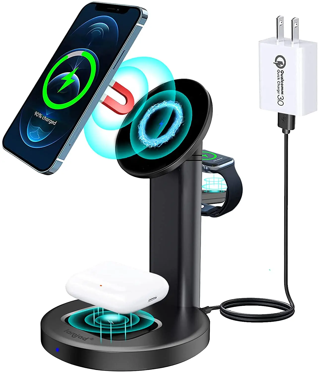 

3 in 1 Magnetic Wireless Charger Compatible with MagSafe Charger Stand,Fast Wireless Charging Station with 15W QC3.0 Adapter