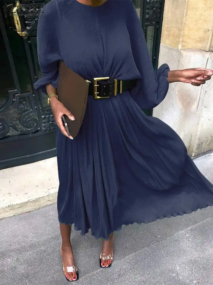 

Holiday Swing Pleated Vestidos 2022 Spring O Neck Midi Robe ZANZEA Fashion Solid Dress Office Lady Party Casual Dresses Oversize