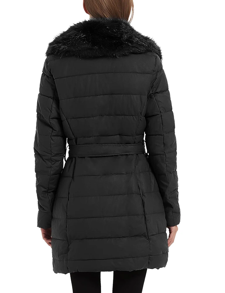 Giolshon New Women Leather Puffer Jacket Winter Warm Bubble Padding Long Puffer Coats With Detachable Faux Fur Collar