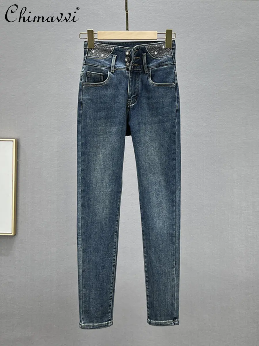 

Fleece Padded Jeans Women 2022 New Winter Fashion High Waist Slim European Goods Hot Rhinestone Tappered Pencil Pants Streetwear