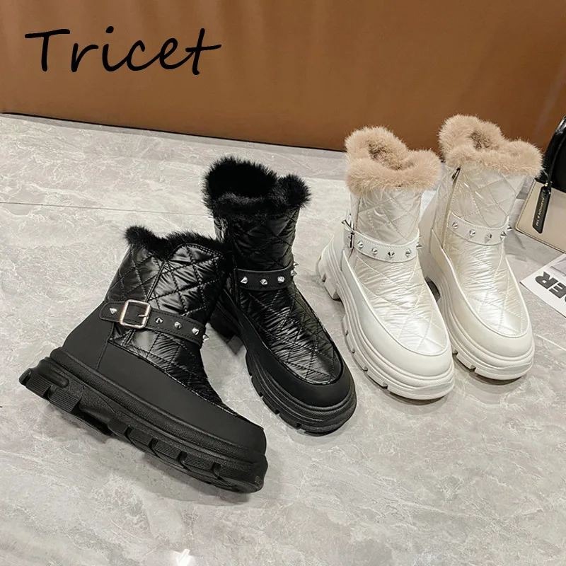 

Женские ботинки с заклепками, теплые однотонные ботильоны на толстой подошве, из мягкого плюша, на молнии, зимний сезон 2022