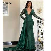 verngo modest green lace applique evening dresses long sleeves sheer neck pleats chic dubai arabic women prom dress formal gown