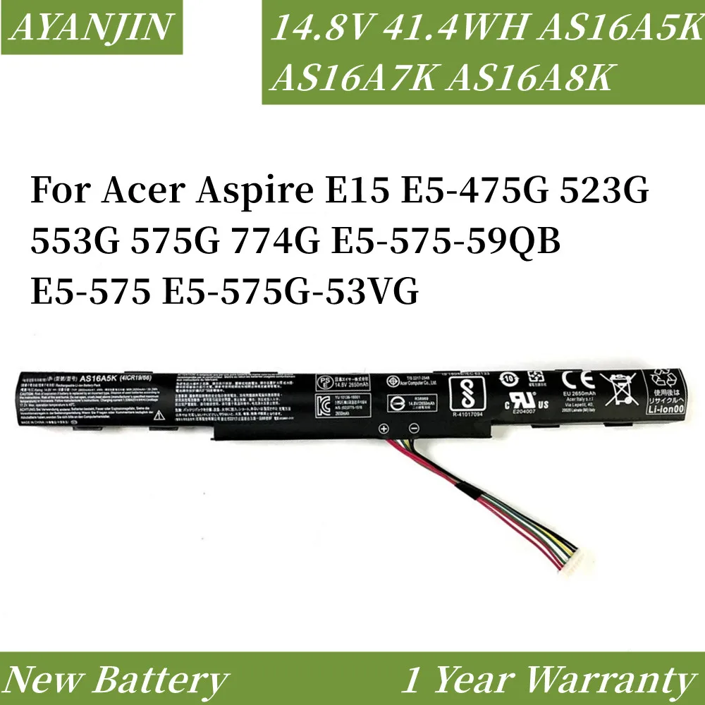 

New 14.8V 41.4WH AS16A5K AS16A7K AS16A8K Battery For Acer Aspire E15 E5-475G 523G 553G 575G 774G E5-575-59QB E5-575 E5-575G-53VG