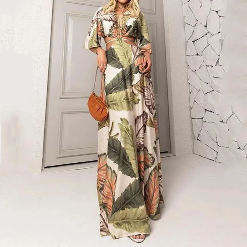 

Sylph Open Waist Beach Dress Summer Fashion 2023 Casual New Style Dresses V-Neck Leaf Print Long Skirt