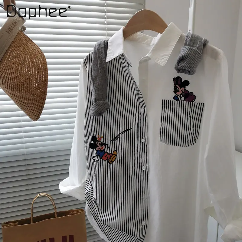 

Vertical Stripes Stitching Cartoon Embroidery Cotton Shirt Women's 2022 Autumn New Fashion Commuter Loose Long Sleeve White Top