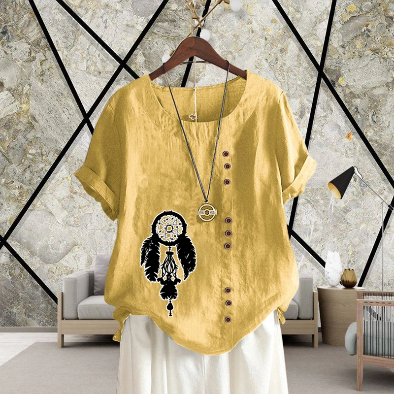 

Women's O Neck Clothing Loose T Shirt Summer Top for Lady Casual Style Cotton Linen Dreamcatcher Pattern Print Short Sleeve