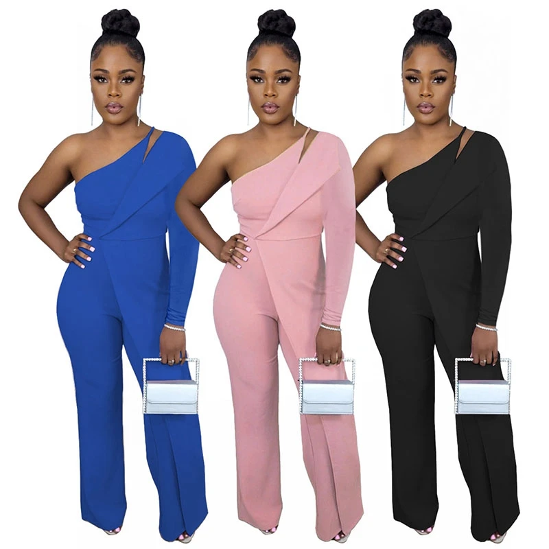 Women Solid Jumpsuits Autumn Long Sleeve Single Shoulder Casual Wide Leg One Piece Overall Rompers Sexy Club Bodysuits S-XXL