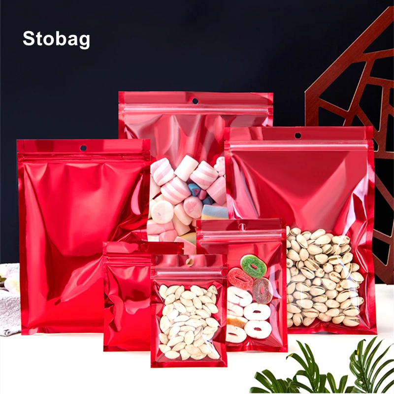 

StoBag 100pcs Red Food Packaging Ziplock Bag Aluminum Foil Hang Hole Sealed Storage for Tea Nuts Snack Candy Resealable Pouch