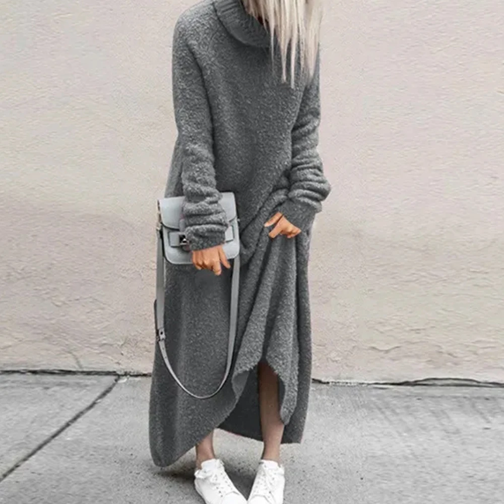 

ZNU Winter Women Warm Plush Turtleneck Dress Simple Casual Loose Women Plush Sweater Dresses Vintage Elegant Long Dresse Female