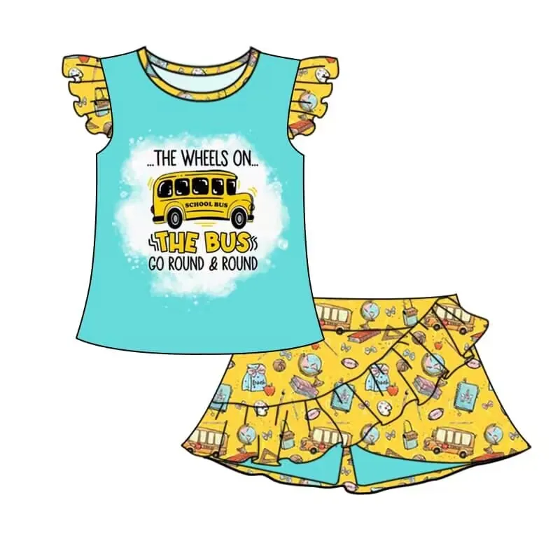 Back to School Boutique Girls Boys Matching Clothing Summer Short Sleeve Suit Bus Print Yellow Green