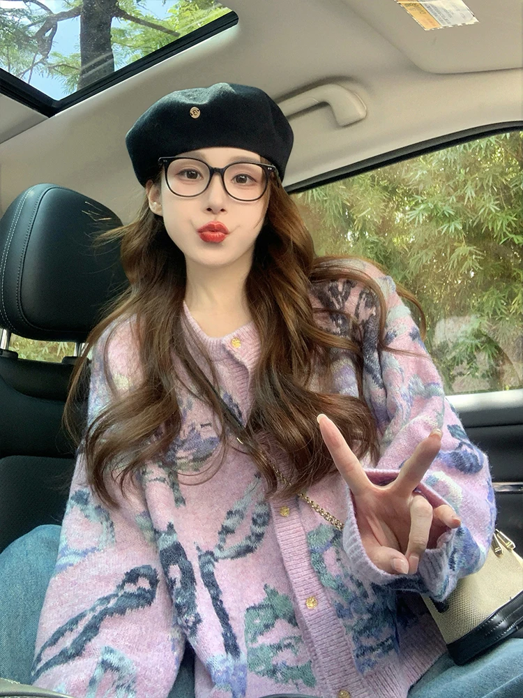 Жаккардовый вязаный свитер в стиле ретро женский кардиган новинка 2024 осень и