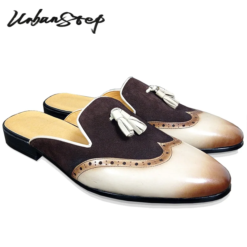 Black Brown Mixed Color Wingtip Casual Dress Summer Tassel Shoes Daily Real Leather Half Shoes For Men