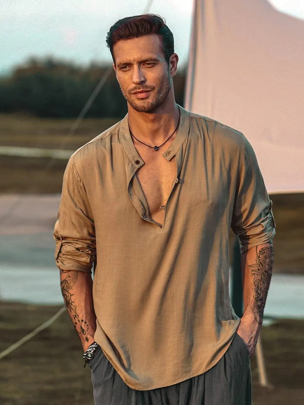 

Men's Hippie Linen Shirt Casual Long Sleeve Henry Collar Summer Beach Loose Tee Tops Solid Color T shirts