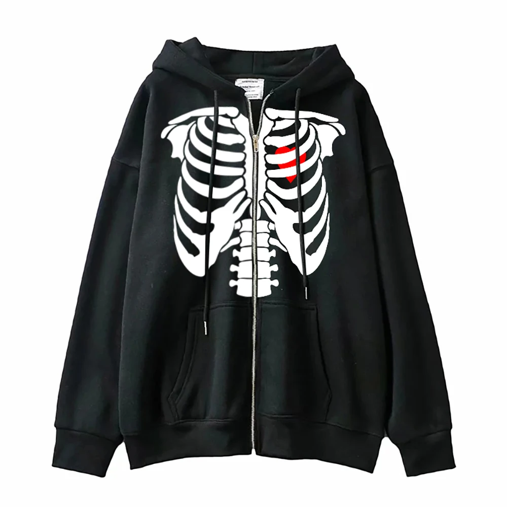 Skeleton Zipper Hoodie Men Women Y2K Harajuku Long Sleeve Sweatshirt Vintage Oversized Hooded Jackets Streetwear Gothic Pullover