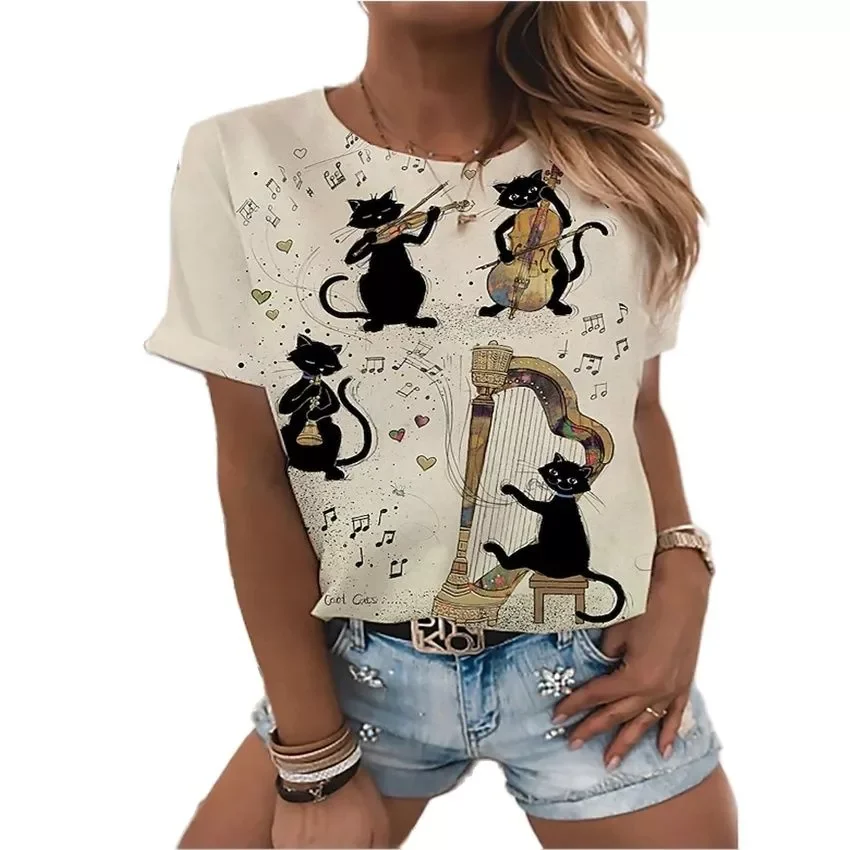 

2023NEW cat painting T-shirt for women, cat image, 3D print, round neck, basic, retro, regular version, new summer style, great