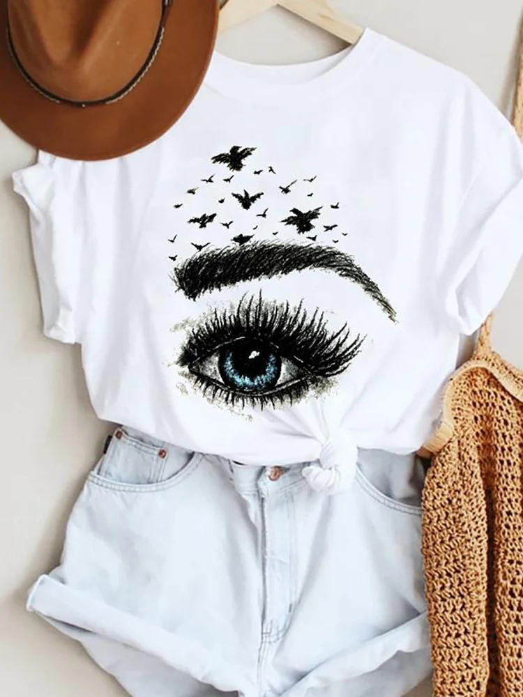 Купи Women Eye Lashes Style Kawaii Sweet Print Girl Tshirt Cartoon Woman Clothing Fashion Tops Print Summer Graphic T-Shirt T Shirt за 187 рублей в магазине AliExpress